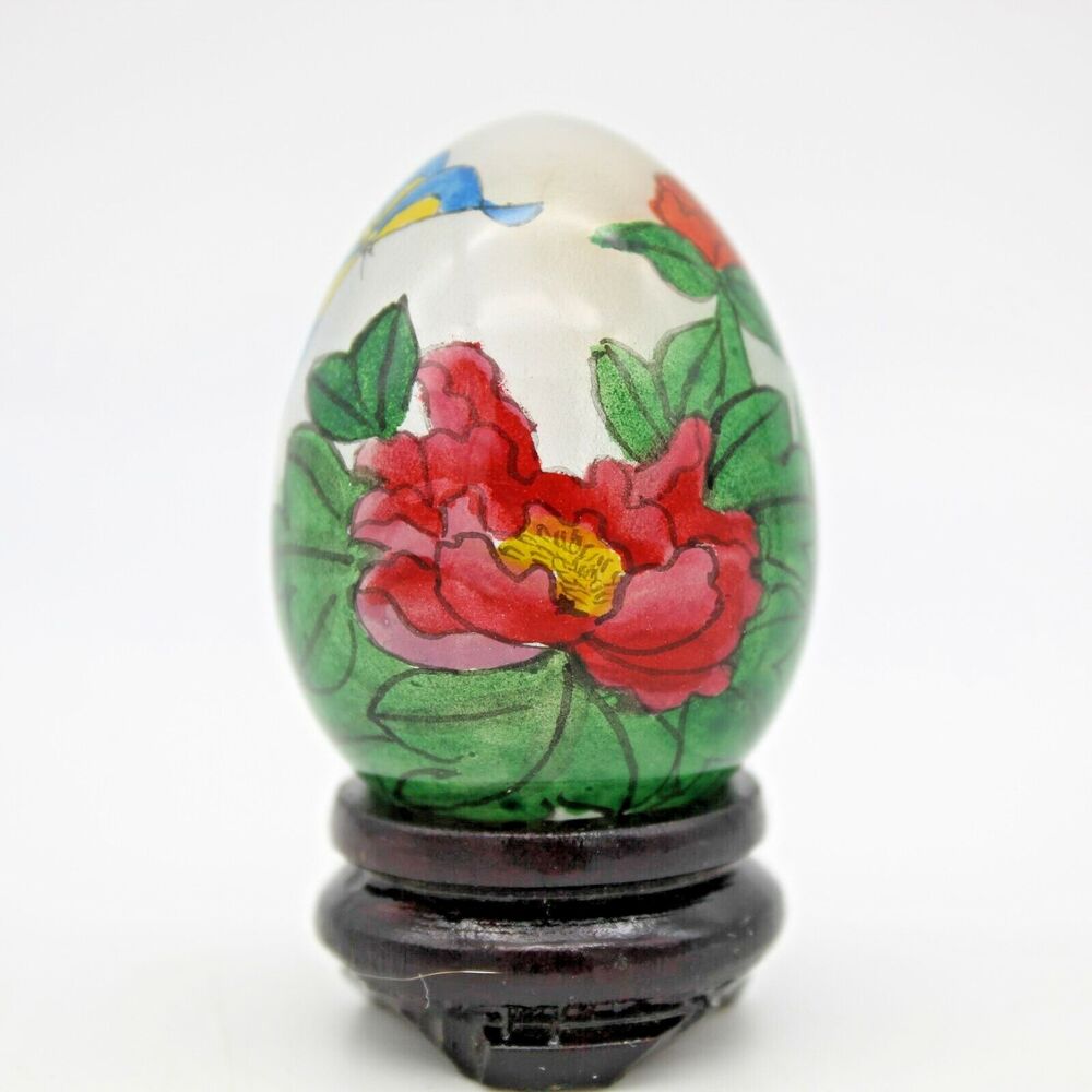 Hand Blown Glass Egg Reverse Painted Floral & Butterflies with Wood Stand VTG